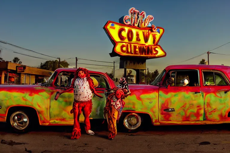 Prompt: 2 0 clowns leaving a clowncar at a california drive in, in 2 0 1 2, cutecore clowncore, bathed in the the glow of the sunset, low - light photograph, in style of henry selik