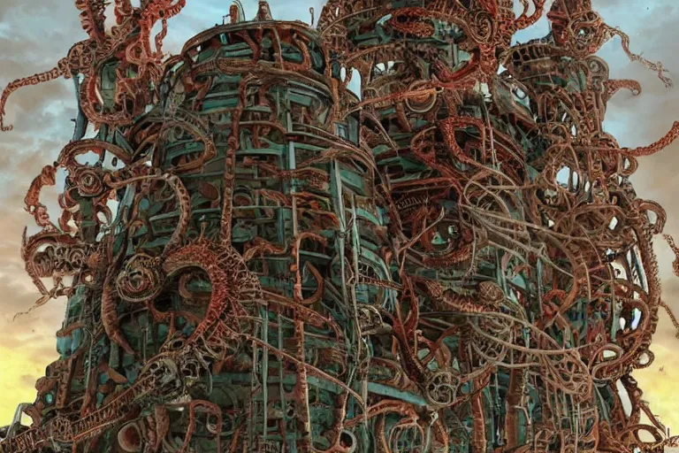 Image similar to lovecraftian biomechanical machine - tower with fleshy tendrils and eyeball at top overlooking dystopian wasteland, highly detailed, colorful with red hues