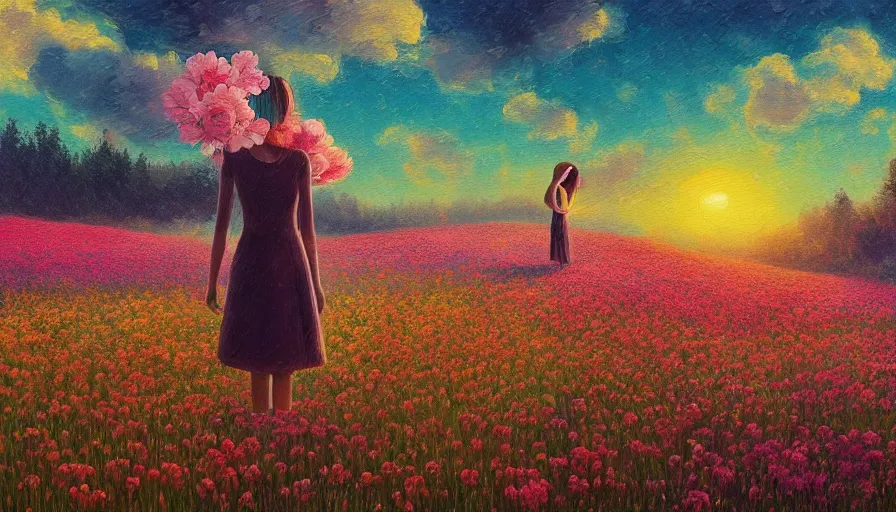 Image similar to girl with a giant flower face, surreal photography, dream, standing in flower field, hills, big trees, sunrise dramatic light, impressionist painting, colorful clouds, digital painting, pointillism, artstation, simon stalenhag, flower face