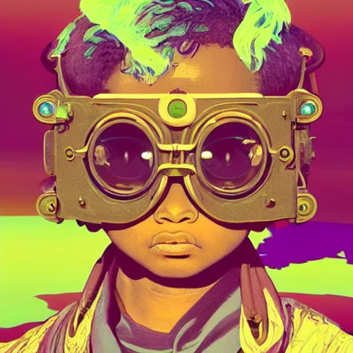 Prompt: colourful vfx upper half - portrait - art of a nigerian boy wearing steam punk goggles, art by utagawa kunisada, james jean & alphonse mucha, symmetrical, intricate detail, concept art, volumetric light, ray tracing, caricature, digital illustration, digital painting, octane 3 d render, unreal engine, sharp, pinterest, behance, art station,