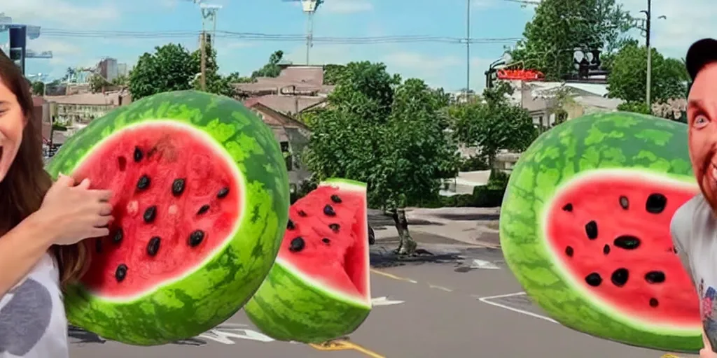 Prompt: YouTube thumbnail about giant watermelon rampage town