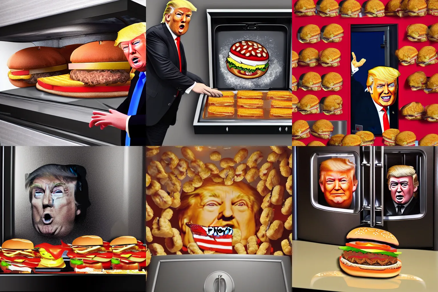 Prompt: donald trump inside a safe with melting hamburgers everywhere. detailed and realistic lighting.