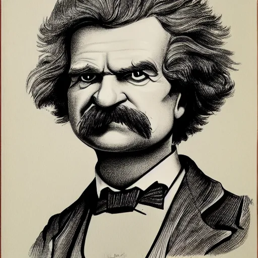 Prompt: caricature of mark twain, black and white line drawing