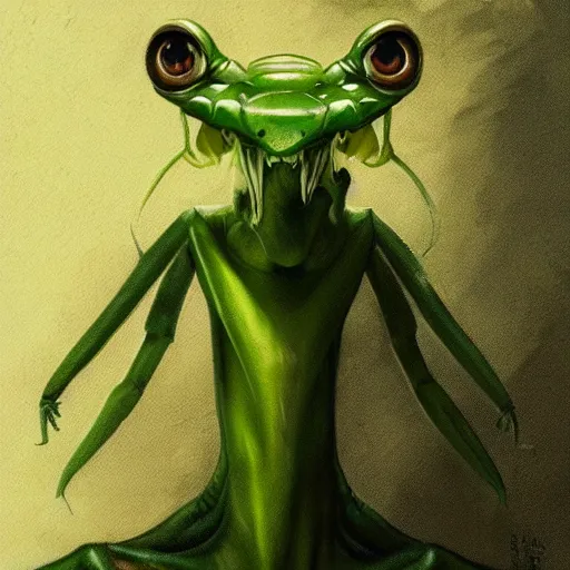 Prompt: mid - shot portrait of green anthropomorphic mantis religiosa ; hard predatory look ; concept art ; artstation ; 8 k ; wallpapers ; heavy contrast ; cinematic art ; cgsociety ; art by greg rutkowski and artgerm