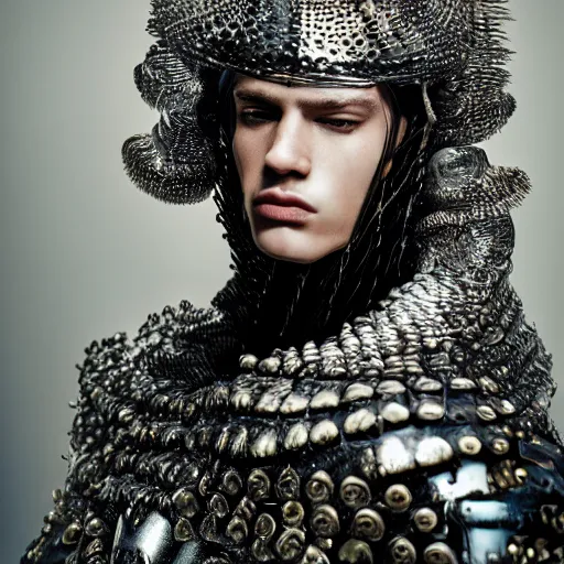 Image similar to a portrait of a beautiful young male wearing an alexander mcqueen armor made of water , photographed by andrew thomas huang, artistic