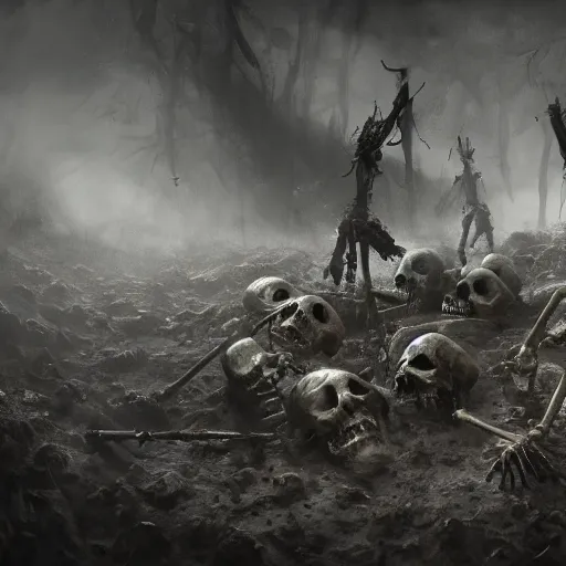 Prompt: 5 living undead skeletons emerging from a pile of brown shit and dirt in the bottom of a very dark well. swords in their hands. wide angle. trending on artstation, craig mullins, gopro lens.