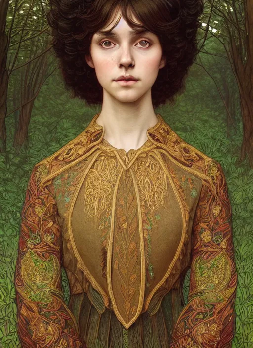 Image similar to symmetry portrait of welsh brunette student in mans tunic, embroidery, tomboy, short hair, intricate forest background, intricate, elegant, highly detailed, digital painting, artstation, concept art, smooth, sharp focus, illustration, art by artgerm and greg rutkowski and fra angelico and alphons mucha