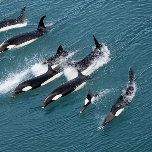 Image similar to an overhead, national geographic photo of a lone kayaker being circled by a group of Orcas. 85MM lens, f1.8