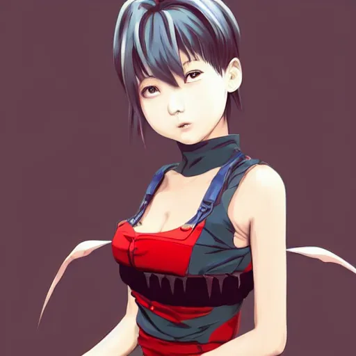 Prompt: a beautiful young japanese eimi fukada alluring instagram model in elaborate latex tank top, jrpg tank top made from latex demon faces, concept art by akira toriyama and wlop and ilya kuvshinov and artgerm and studio ghibli, aesthetic, gorgeous, stunning, alluring, attractive, artstation, deviantart, pinterest, digital art