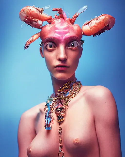 Image similar to natural light, soft focus portrait of a cyberpunk anthropomorphic shrimp with soft synthetic pink skin, blue bioluminescent plastics, smooth shiny metal, elaborate ornate head piece, piercings, skin textures, by annie leibovitz, paul lehr