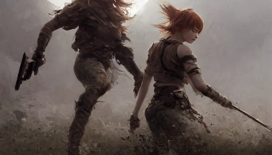 Prompt: a highly detailed epic cinematic concept art CG render digital painting artwork: Emma Stone and Sadie Sink back to back in an action scene. By Greg Rutkowski, Ilya Kuvshinov, WLOP, Stanley Artgerm Lau, Ruan Jia and Fenghua Zhong, trending on ArtStation, subtle muted cinematic colors, made in Maya, Blender and Photoshop, octane render, excellent composition, cinematic atmosphere, dynamic dramatic cinematic lighting, precise correct anatomy, aesthetic, very inspirational, arthouse