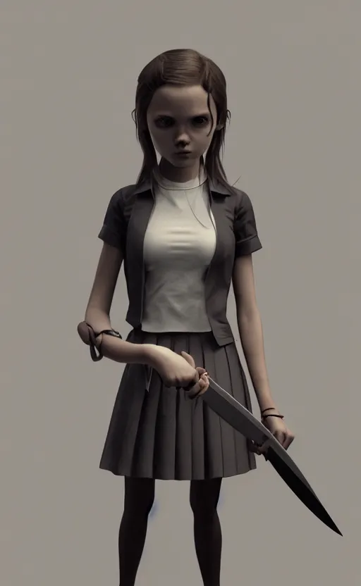 Image similar to school girl holding a knife, gloomy and foggy atmosphere, octane render, artstation trending, horror scene, highly detailded