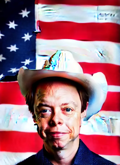 Image similar to election portrait of a person looking like brock pierce, american flag on background, cowboy style.