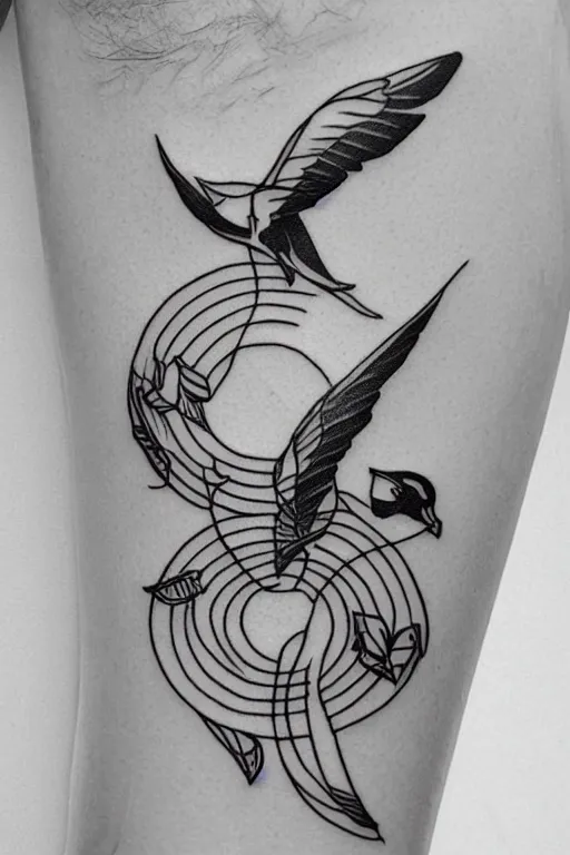 Image similar to a beautiful tattoo design of minimalist flying swallows made with lines and simple shapes, flying into geometric spirals, black ink, abstract logo, line art