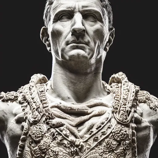 Image similar to a portrait of julius caesar, ancient roman setting, dynamic pose, close - up, intricate details, intricately detailed clothing, intricate textures, warm lighting, vivid colors, smoke and mist, realistic octane render, hyper realistic render, volumetric shading, depth of field, raytracing, 8 k,