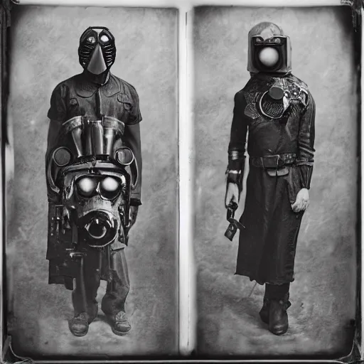 Image similar to tintype photographs of techno shamans, telepaths, dieselpunk cyborgs, masked heroes, irradiated humans, and monster hunters