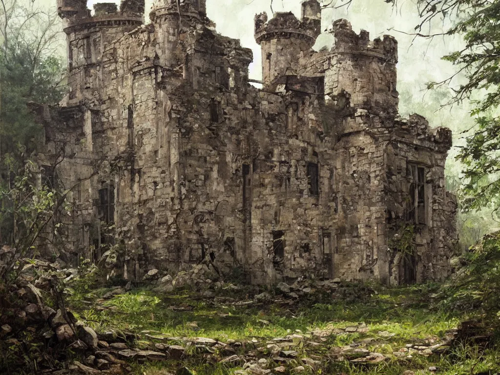 Image similar to A beautiful painting of a dilapidated ancient castle building in the wood, by Coby Whitmore, Trending on artstation, very detailed