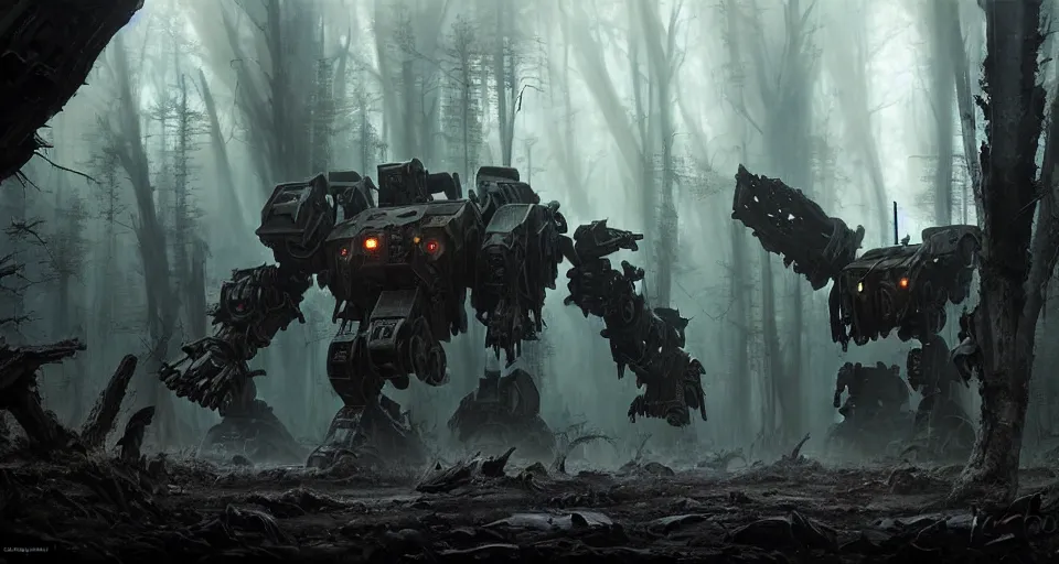 Image similar to giant darkgothic battlemech walking through a grimdark forest, the feeling of dark fantasy magic, hyper realistic sci - fi matte concept art painting, beautiful details, strong composition painted by kim jung guweta studio rutkowski, james gurney and greg rutkowski, and lucasfilm, smooth, intricate, detailed, sharp focus, cinematic