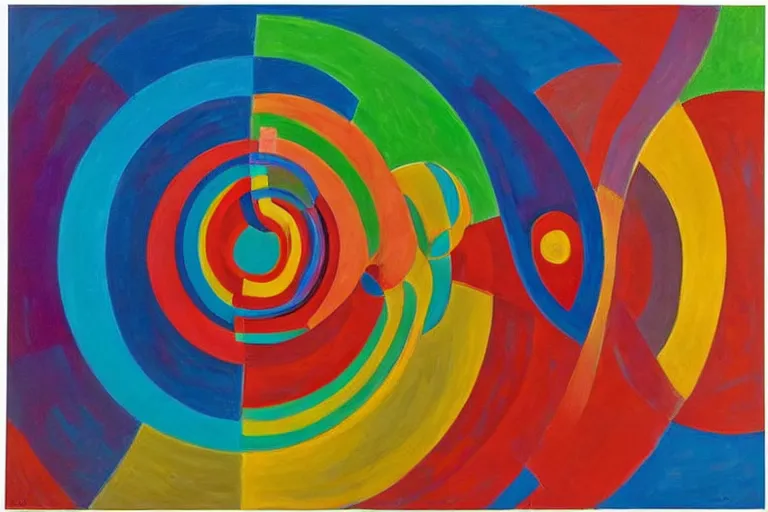 Prompt: an abstract painting by robert delaunay of vibrant circles and colorful spirals interacting in complex designs in the fibonacci ratio with smooth color transitions and reminiscent of an infinity symbol