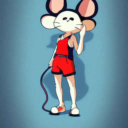 Image similar to in the style of studio ghibli, anthropomorphic mouse, female, wearing denim shorts and tank top, detailed, intricate, aesthetic, artistic, ambient occlusion, volumetric light effect, 8 k resolution