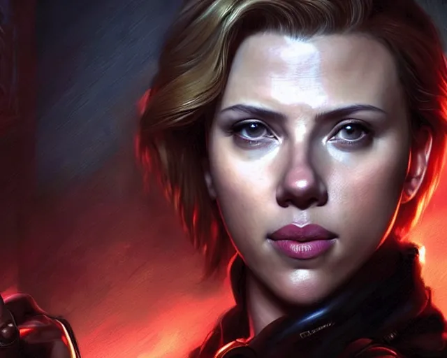 Image similar to a gaming screenshot still portrait of scarlett johansson in resident evil, deep focus, d & d, fantasy, intricate, elegant, highly detailed, digital painting, artstation, concept art, matte, sharp focus, illustration, dark fantasy style art, hearthstone, art by artgerm and greg rutkowski and alphonse mucha