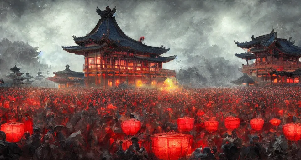 Image similar to craig mullins and ghibli digital art of zhongyuan festival in china ， red lanterns ， gohst door with fire in thes ky, black night sky, stars, below is the crowd, rivers, villages ， unreal engine, hyper realism, realistic shading, cinematic composition, realistic render, octane render, detailed textures, photorealistic, wide shot