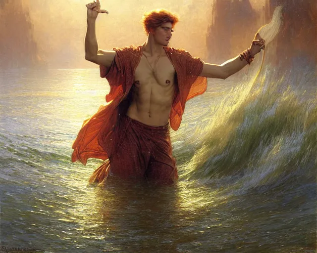 Image similar to attractive male wizard casting powerful tsunami wave spell in a beautiful lake. highly detailed painting by gaston bussiere, craig mullins, j. c. leyendecker 8 k