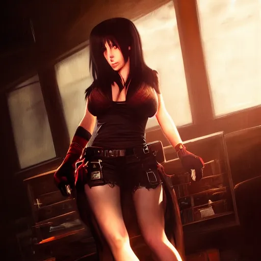 Image similar to Seductive Tifa Lockhart portrait, full frontal centred, atmospheric lighting, painted, intricate, volumetric lighting, beautiful, golden hour, sharp focus, ultra detailed, by Leesha Hannigan, Ross Tran, Thierry Doizon, Kai Carpenter,Ignacio Fernández Ríos