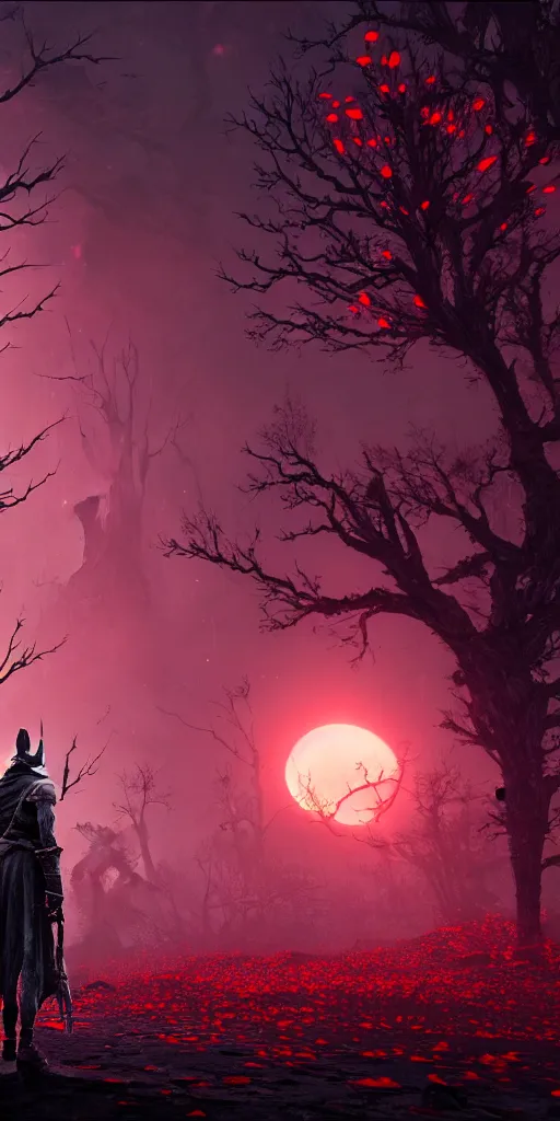 Image similar to abandoned bloodborne old valley with a person at the centre and a ruined city at the end, trees and stars in the background, falling red petals, epic red - orange moonlight, perfect lightning, illustration by niko delort and kentaro miura, 4 k, ultra realistic