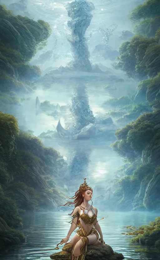 Image similar to the goddess of the lake, highly detailed, d & d, water everwhere fantasy, highly detailed, digital painting, trending on artstation, concept art, sharp focus, global illumination, ray tracing, illustration, art by artgerm and greg rutkowski and fuji choko and viktoria gavrilenko and hoang lap