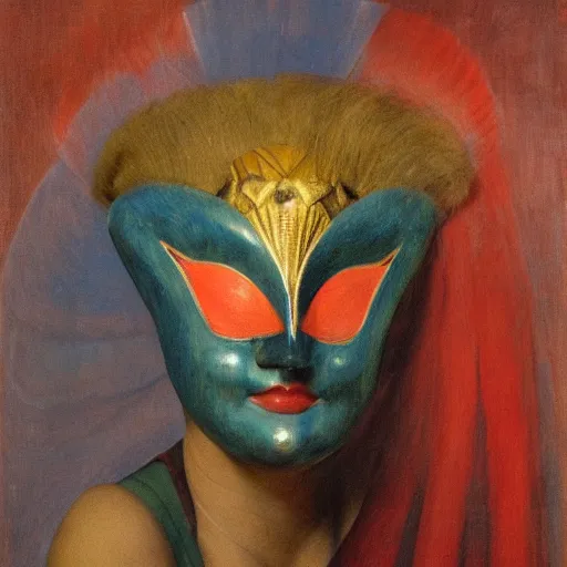 Prompt: the last guest in her Art Deco bird mask, by Annie Swynnerton and Diego Rivera, symbolist, dramatic lighting, elaborate geometric ornament, god rays, soft cool colors,smooth, sharp focus, extremely detailed, Adolf Wölfli