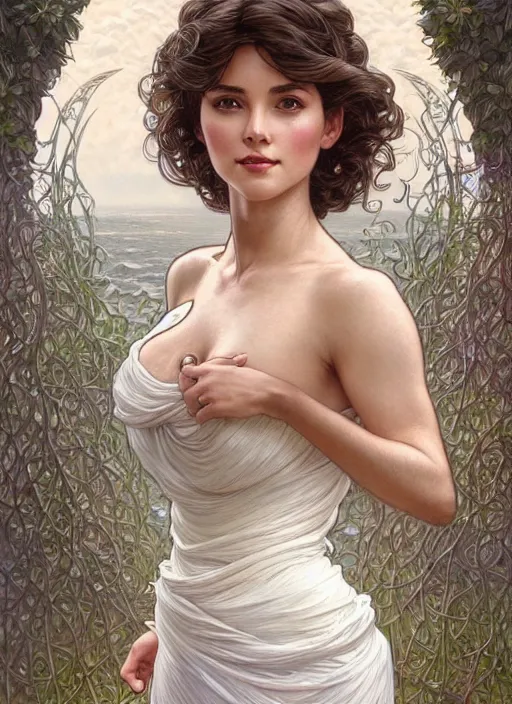 Prompt: full body painting of a woman posing, short wavy hair, round face, intricate white dress, cottagecore!!, inside water, intricate, enlightened, highly detailed, digital painting, artstation, concept art, smooth, sharp focus, illustration, art by artgerm and greg rutkowski and alphonse mucha