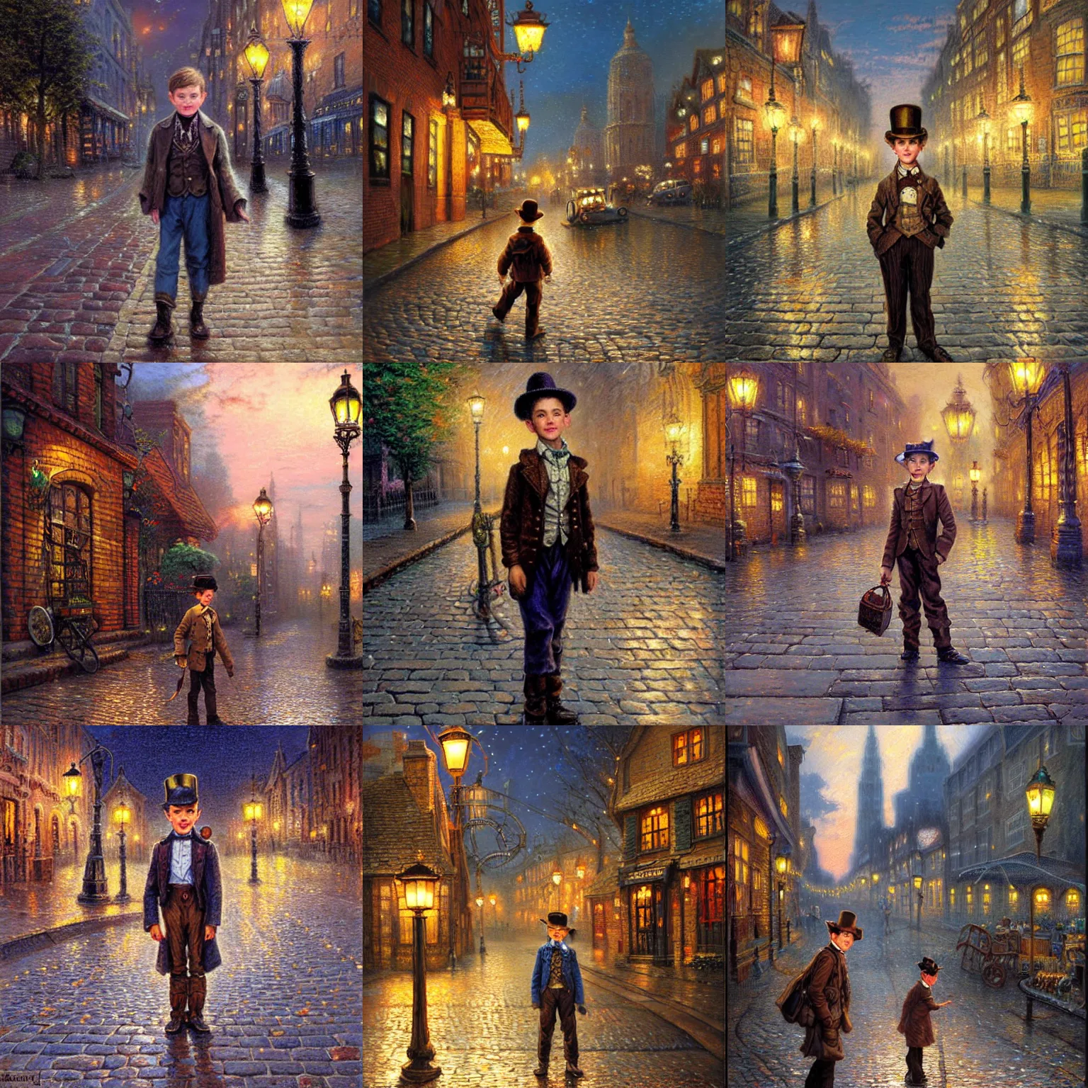 Prompt: a beautiful painting of a steampunk boy on a street paved with cobblestones and warm streetlights, by James Gurney and Thomas Kinkade and Ralph Horsley