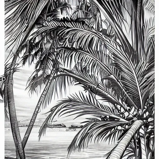 Prompt: tropical island, 8 k, high resolution, detailed charcoal drawing, beautiful hd, art nouveau, concept art, colourful artwork, in the style of axel aabrink