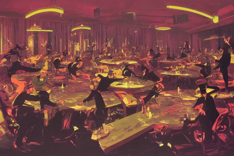 Prompt: cats rolling dice with the rats, neon ballroom, by syd mead, john kricfalusi