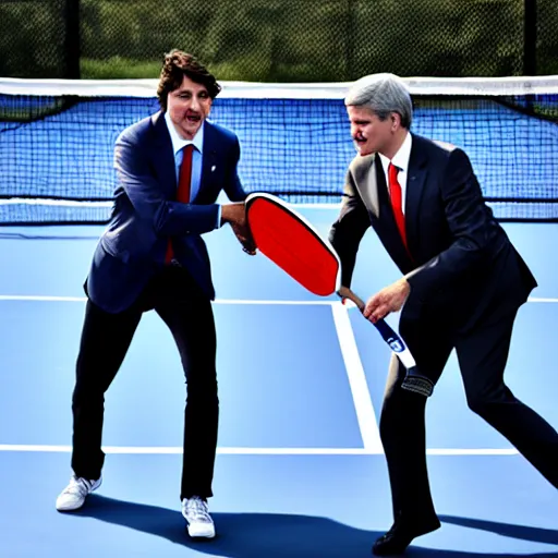 Image similar to justin trudeau facing off against stephen harper in a game of pickleball, photo, 8 k