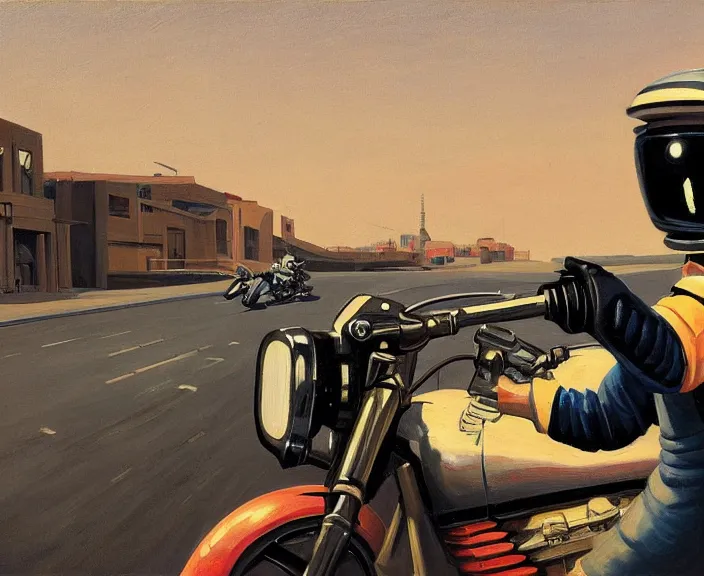 Image similar to a very detailed painting of a astronaut wearing a suit, riding a motorbike down a street, harley davidson motorbike, worm's - eye view, very fine brush strokes, very aesthetic, very futuristic, in the style of edward hopper and grant wood and syd mead, 4 k,