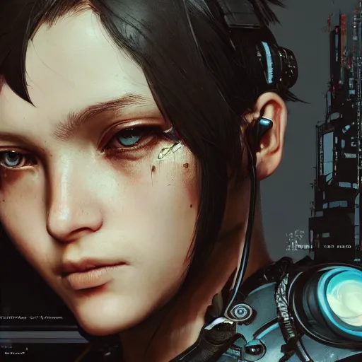 Image similar to highly detailed portrait of a post-cyberpunk young lady by Akihiko Yoshida, Greg Tocchini, 4k resolution, death stranding inspired, fragile