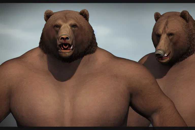 Image similar to Grizzly Bearzilla Powerlifter God named Samael, face portrait, unreal engine