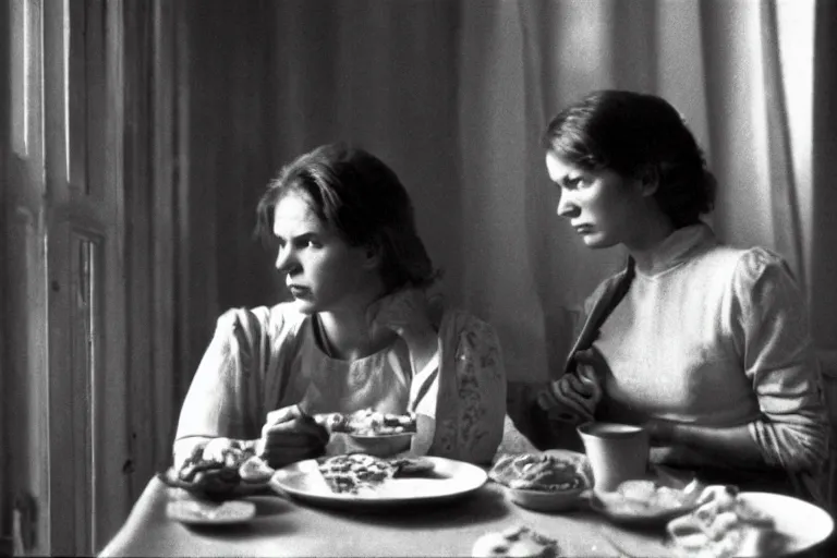 Image similar to soviet movie still a soviet woman sitting at a table next to the window with food, dark warm light, a character portrait by margarita terekhova, movie stalker solaris film still by andrei tarkovsky, 8 k, 1 9 8 4, close - up bokeh, gelios lens, color, noir