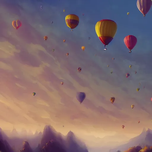 Prompt: digital art of plenty of giant birthday balloons floating above a beautiful landscape. artstation cgsociety masterpiece