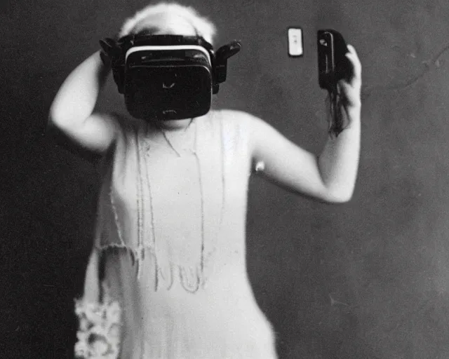 Prompt: 1 9 2 0 s photo of a flapper girl wearing a vr virtual reality headset