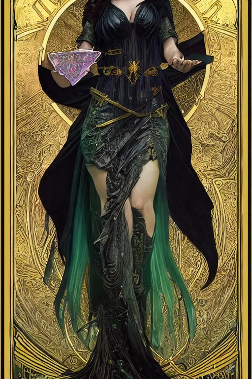 Image similar to a tarot card of an attractive young girl sorceress wearing a black robe with gold embroidery, casting a spell, green glows, painted by artgerm and tom bagshaw and alphonse mucha, in the style of magic the gathering, intricate, highly detailed digital art