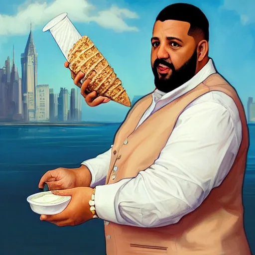 Image similar to portrait of DJ Khaled holding ice cream cone with large scoop of ice cream as a Grand Theft Auto Cover, elegant, intricate, headshot, highly detailed, digital painting, artstation, concept art, sharp focus, illustration, art by artgerm and greg rutkowski and alphonse mucha