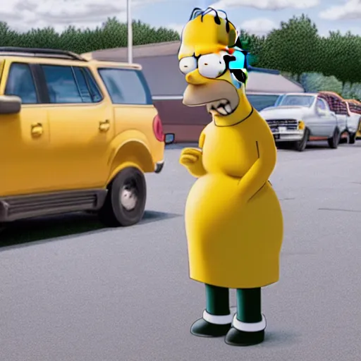 Prompt: homer simpson at a walmart parking lot