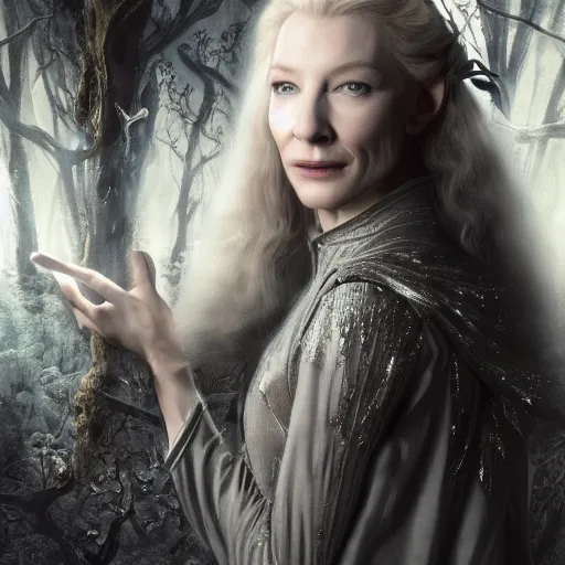 Prompt: portrait of mischievous, dangerous Cate Blanchett's young Galadriel as a queen of elves, dressed in a elegant silvery garment. The background is a dark, chilling eastern europen forrest. night, horroristic shadows, higher contrasts, (((lumnious))), dramatic, character concept art by ruan jia, thomas kinkade, and J.Dickenson, trending on Artstation
