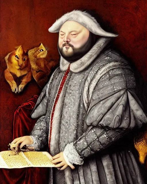 Prompt: fat gray cat with yellow eyes dressed like henry viii, tudor period menswear, colorful, hans holbein the younger, greg rutkowski, royal portrait, painting