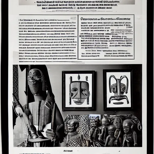 Image similar to A full page advertisement for a colonial gallery, African artifacts, masks, objects, newspaper style, black and white, African Arts magazine, 70s