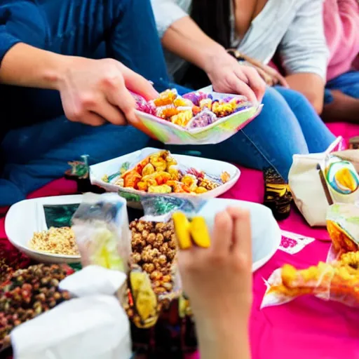 Image similar to people at a party eating out of snack bags