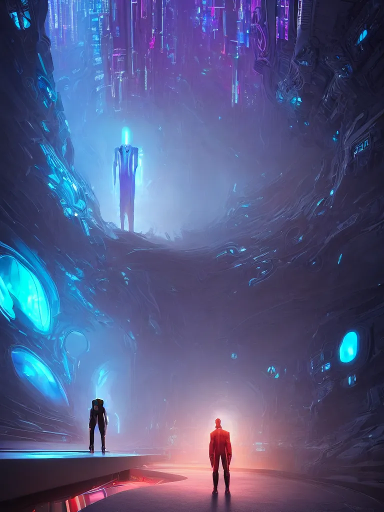 Image similar to entrance to ethereal realm, humans and robots, rendered in unreal engine, central composition, symmetrical composition, dreamy colorful cyberpunk colors, 6 point perspective, fantasy landscape with anthropomorphic!!! terrain!!! in the styles of igor morski, jim warren, and rob gonsalves, intricate, hyperrealistic, volumetric lighting, big sky, distinct horizon